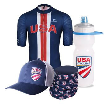 USA Cycling Buff, Water Bottle, Hat, and Jersey