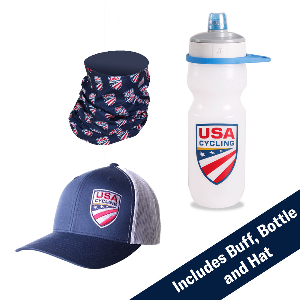 USA Cycling Buff, Water Bottle, and Hat